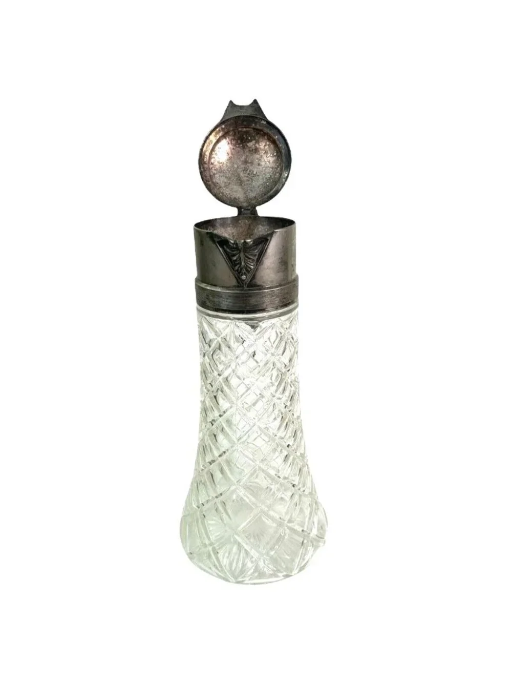 Vintage Glass Claret Carafe Pitcher Ewer Diamond Cut Silver Plate Lid Handle 14